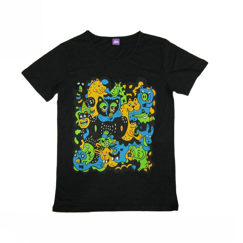 Example: A black cotton T-shirt featuring a vibrant, multi-color cartoon graphic— a classic showcase of screen printing's ability to produce bold, opaque colors on dark fabrics.
